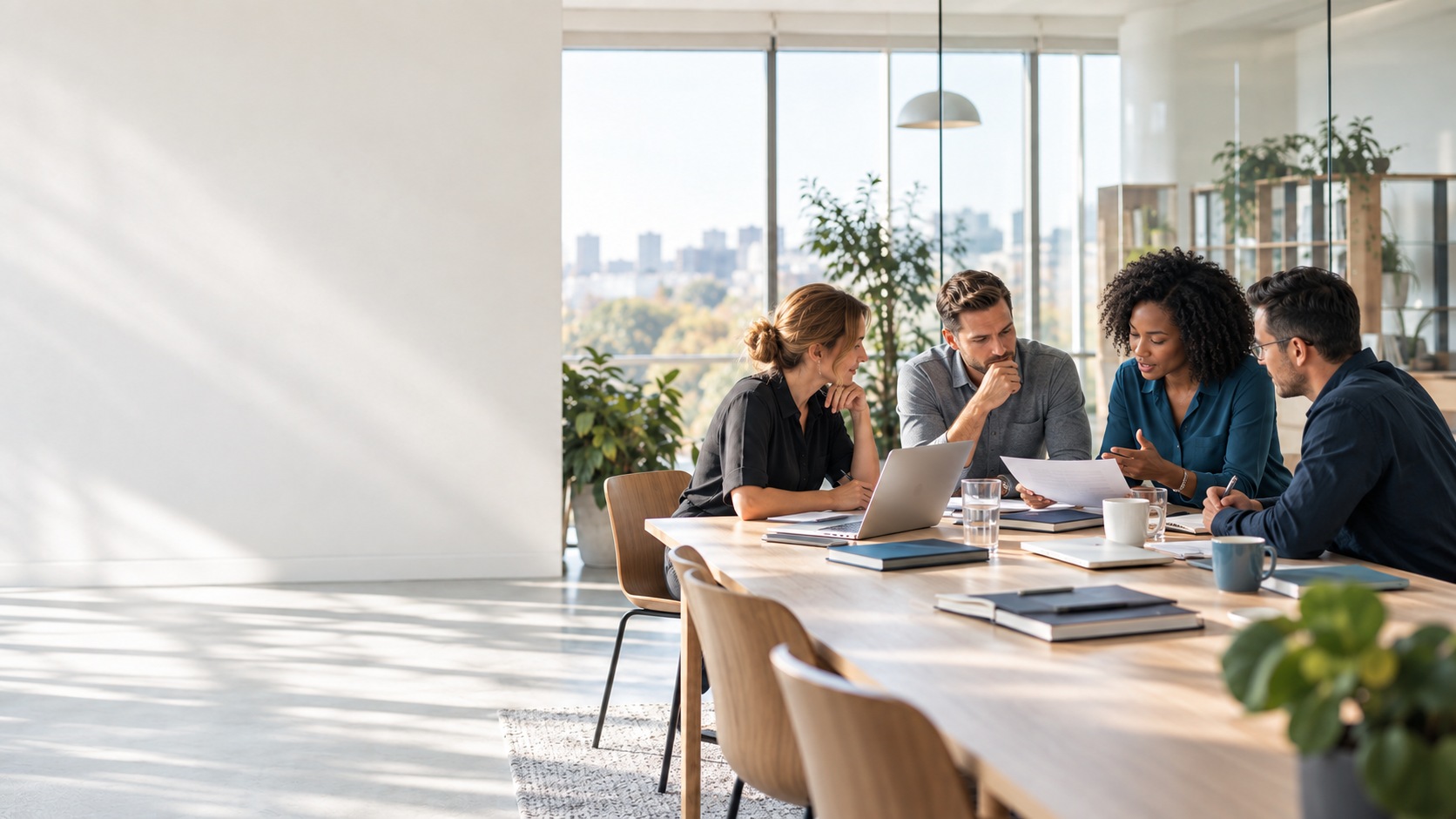 Four professionals discussing a document around a table in a bright meeting room.